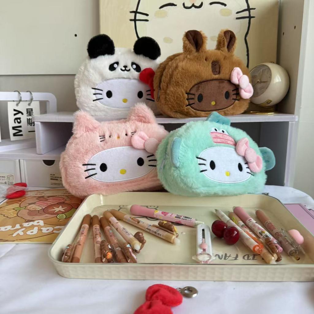 Cute Disguised Hello Kitty Plush Pencil Case Panda Capybara Cartoon Large Capacity Student Stationery Storage Bag High-Value Plu