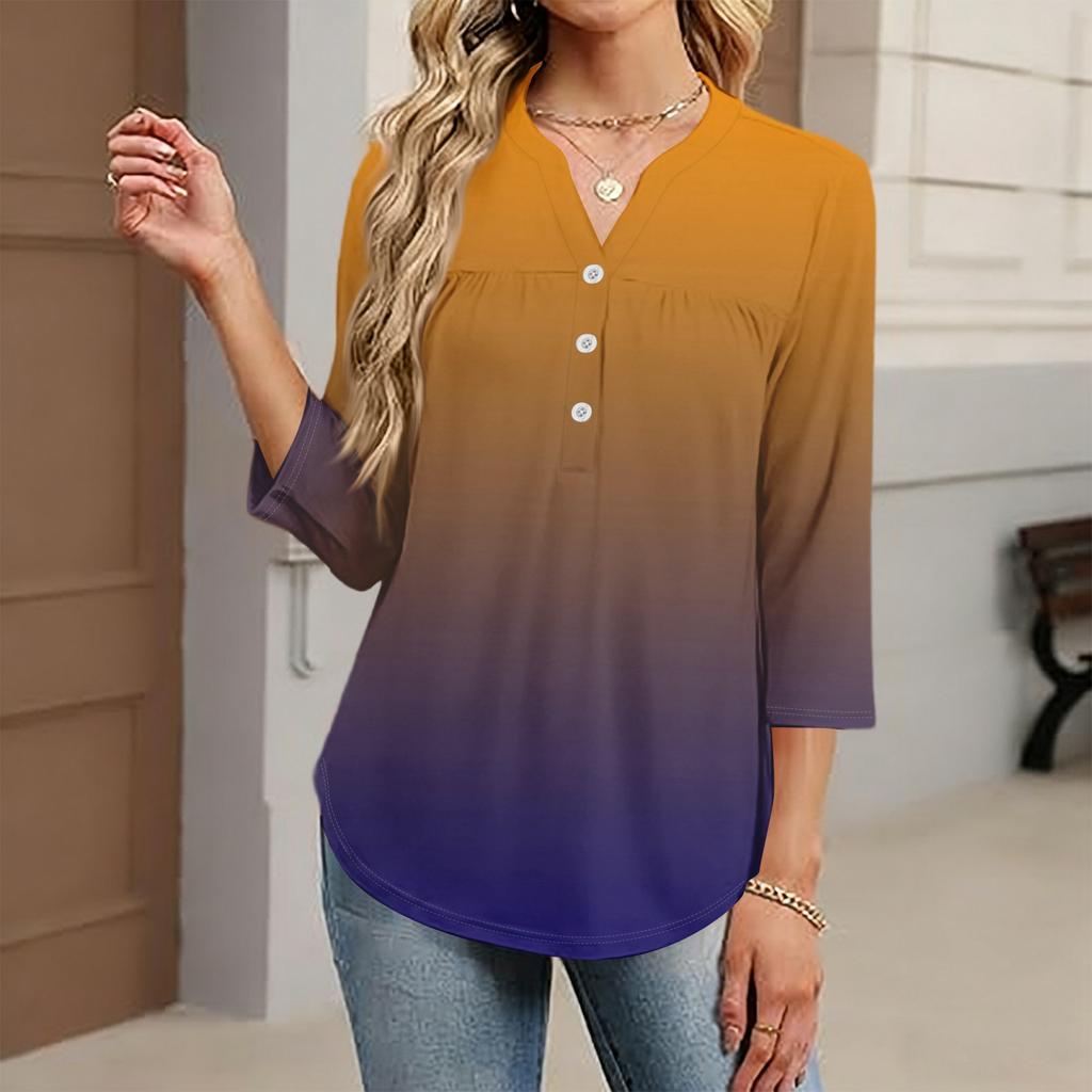 Modisches lässiges Damen-T-Shirt-Top mit Farbblock-Gradienten-Print, V-Ausschnitt, Knopfleiste und Dreiviertelärmeln