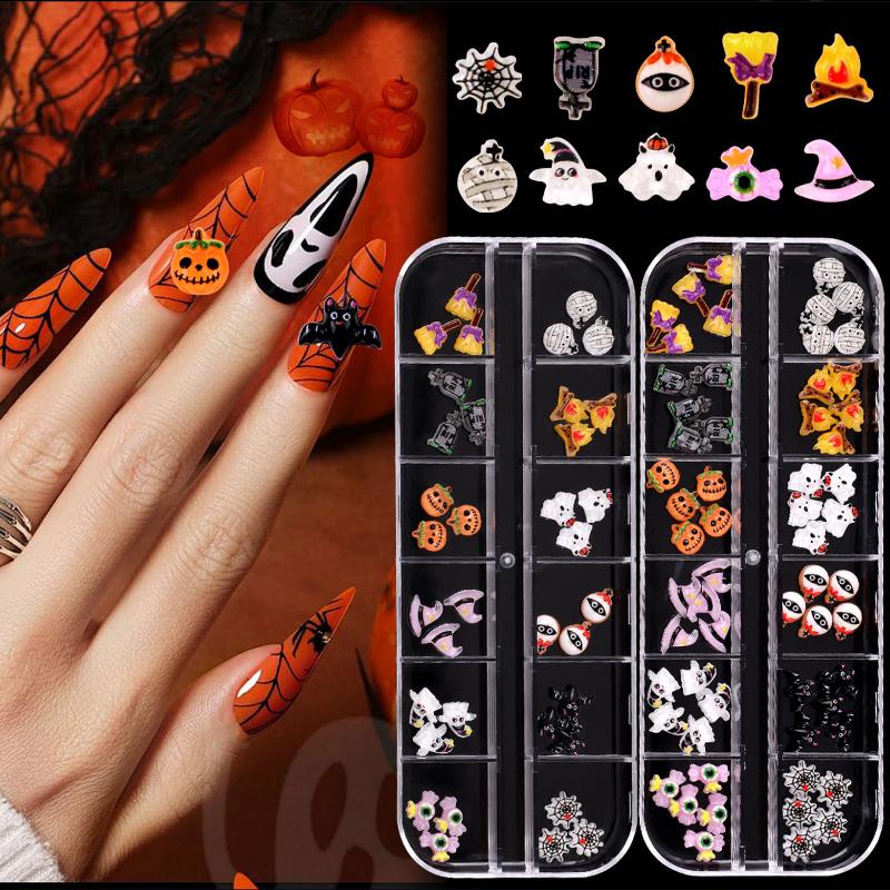 12 Grid Halloween Series Nail Art Jewelry Cartoon Ghost Pumpkin Spider Bat Nail Charms DIY Nail Art Decoration Accessories