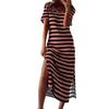 Women's Striped Side Slit Midi Dress V Neck Short Sleeve Casual Holiday Loose Dress