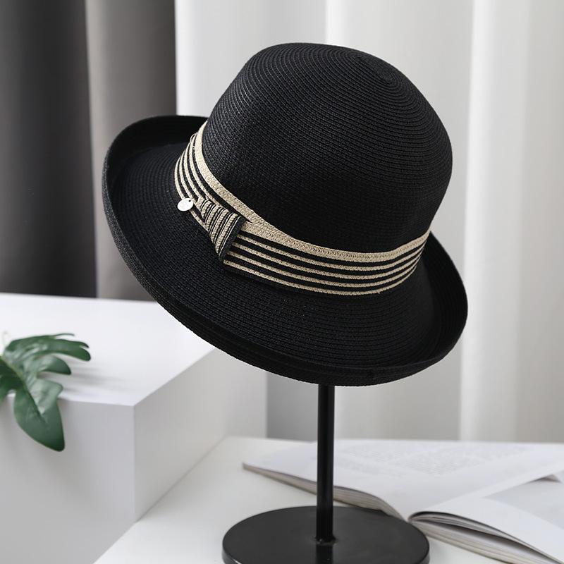 Sun Hat Women's Summer Crimped Straw Hat British Retro Black Sunscreen Hat Travel Foldable Sun Hat Tide