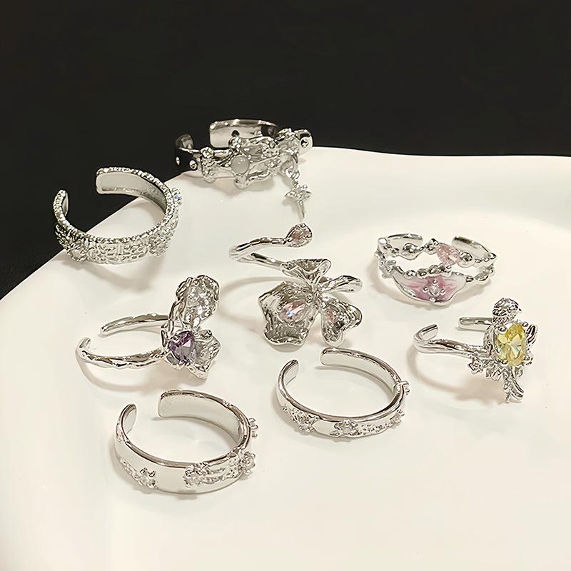 Bird Flower Irregular Fold Butterfly Stacked Open Ring High Sense Zircon Personality Niche Design Ring