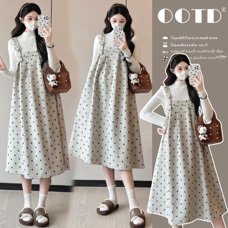 

Autumn/Winter Korean Style Polka Dot Woolen Maternity Dress – Age-Reducing & Mid-Length Plus Size Large