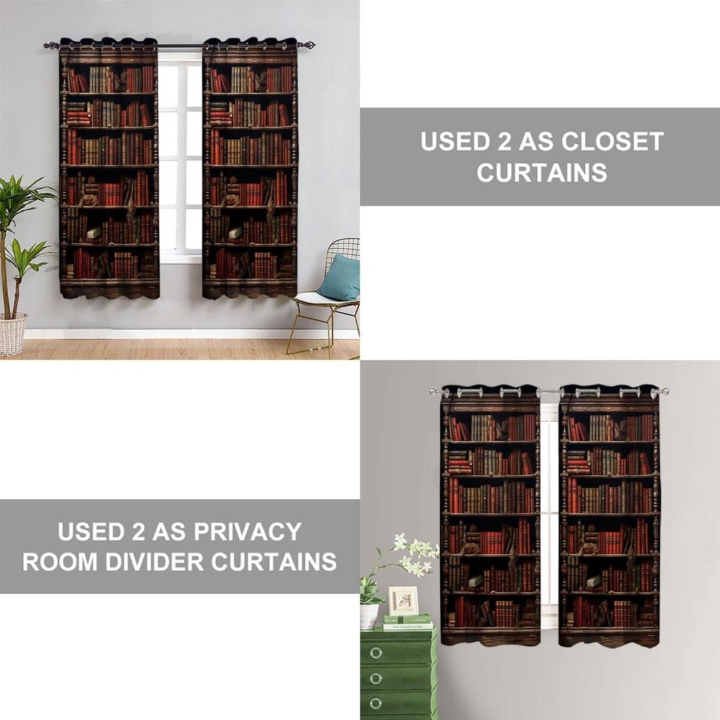 Library Bookshelf Door Curtain for Doorway Privacy, Vintage Educational Bookcase Room Divider Curtain for Kids Boys Girls Teens Bedroom Living Room,
