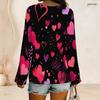 Women Plus Size V Neck Long Sleeve American Flag Printed Top Curved Hem With Pocket Button Detail