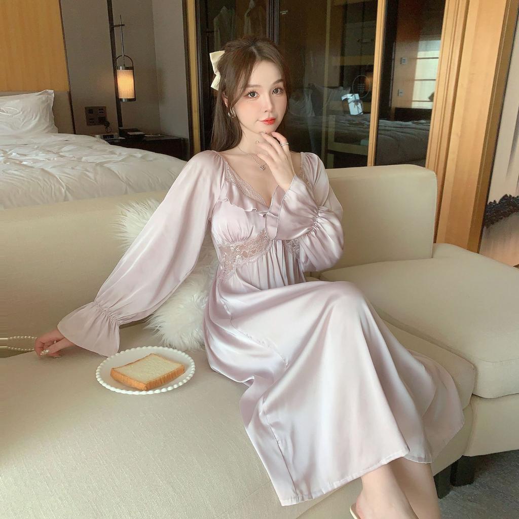 Ice Silk Pajamas Women's Spring and Summer Models with Chest Pads, New V-neck Long-sleeved Pajamas Can Be Worn Outside, Fairy Style Loungewear