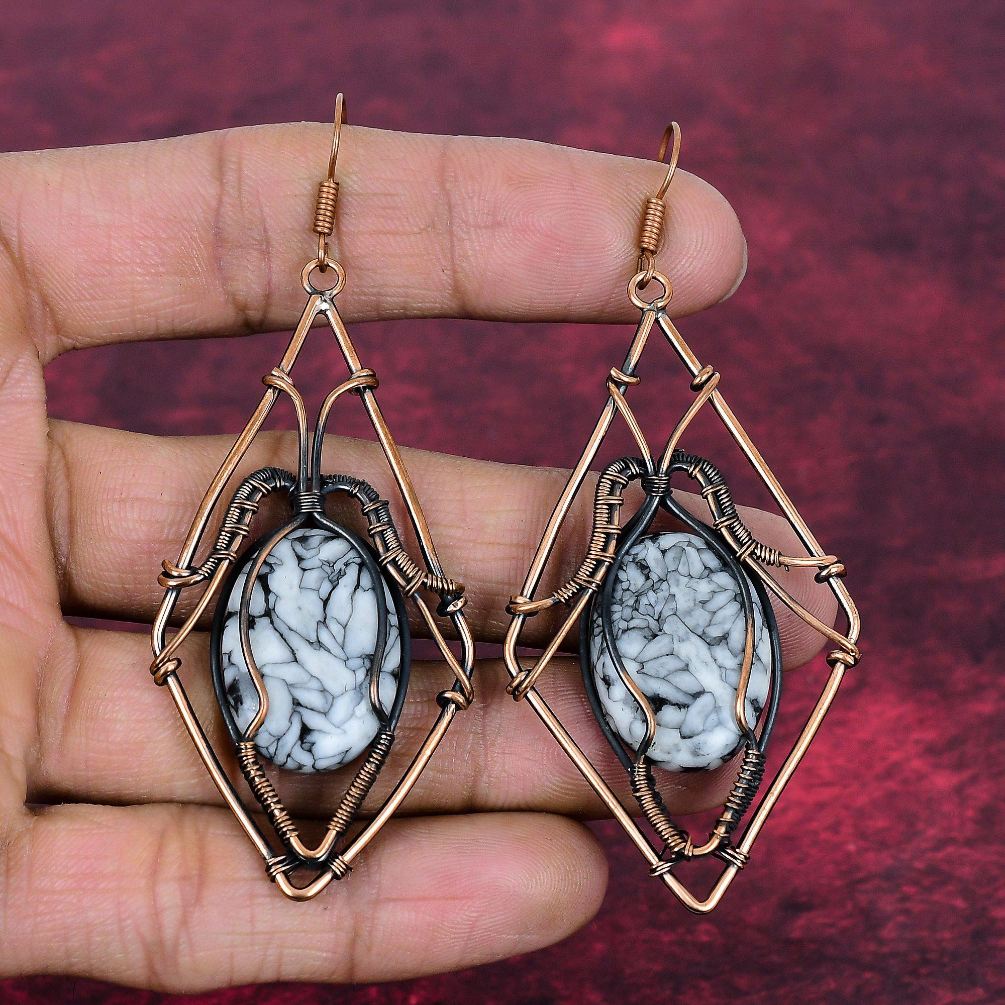 Серьги из пинолитового яшмы Ручная работа Серьги с медной проволокой