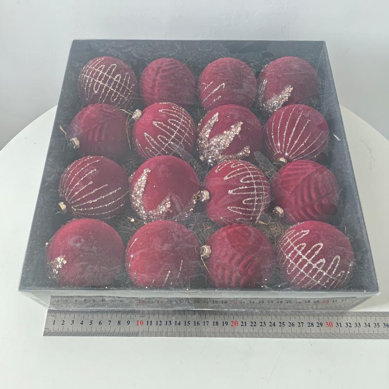 Wine Red Velvet Rhinestone Christmas Ball Pendant Set