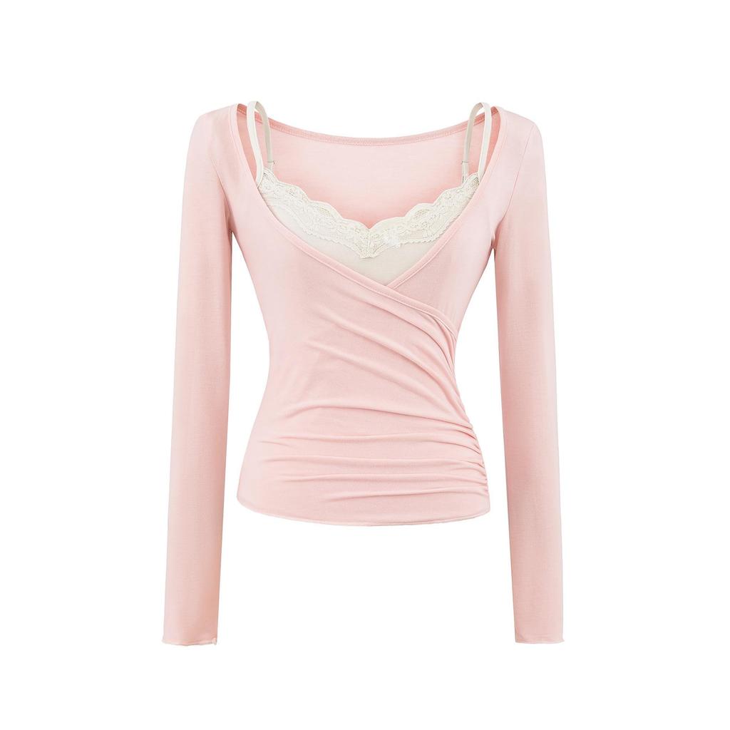 2026 Summer French Lace Camisole & V-Neck Slim Fit Sheer Long Sleeve Sun Protection Women's Two-Piece Set