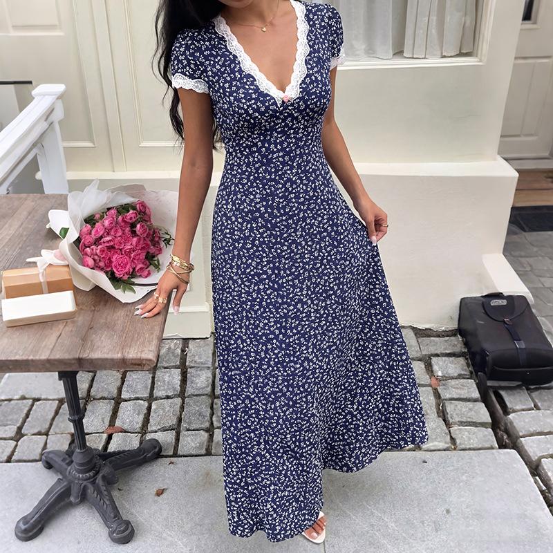 Spring and summer lace splicing V-neck dress European and American French sweet retro floral dress women S темно-синий