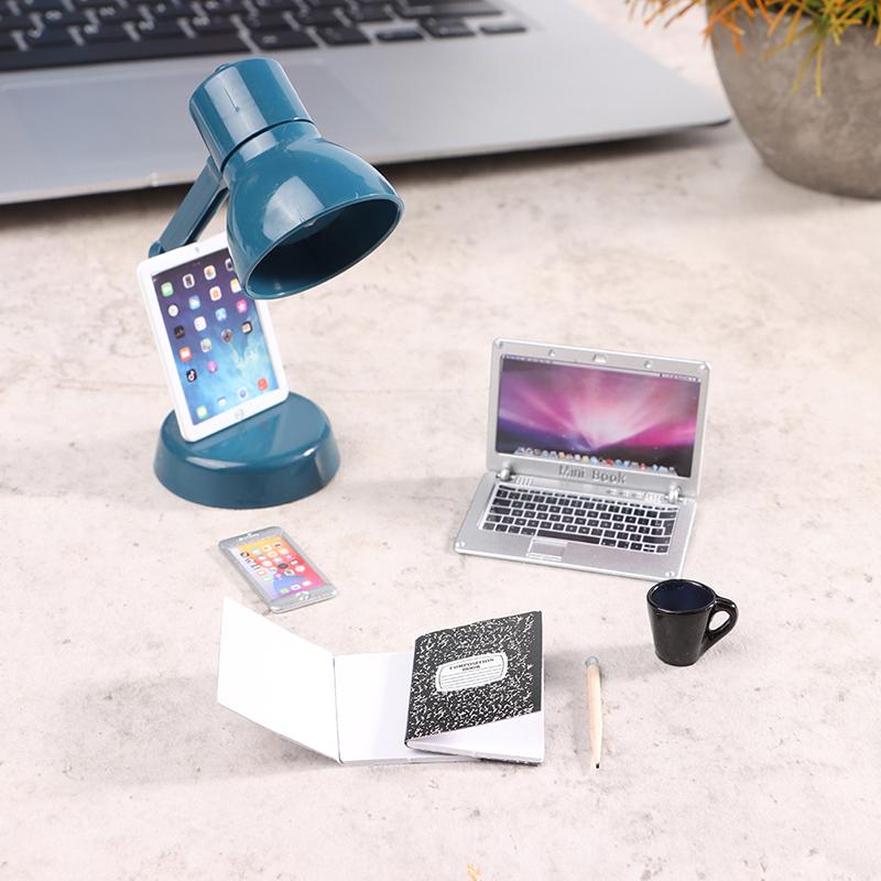 1:12 Dollhouse Miniature Laptop Phone Tablet Desk Lamp Book Desk Set Decor Toy