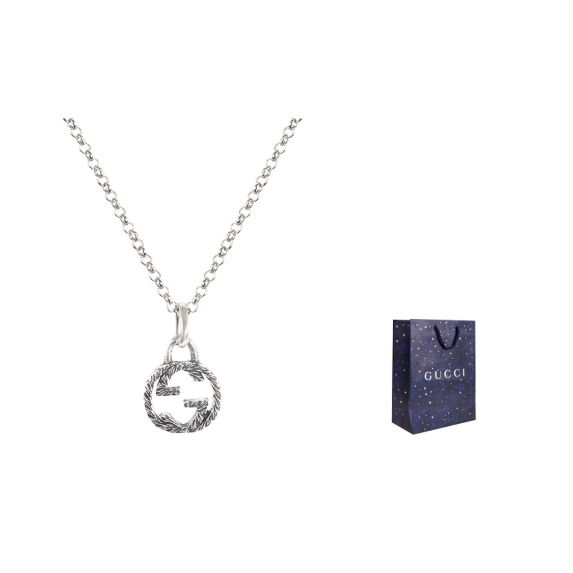 

Gucci Interlocking Vintage Distressed Weave Double G Silver Pendant Necklace With Engraved Pattern 925 Silver Unisex necklace 455535-J8400-0811 Box+Shopping Bag-Dust Bag+Box+Shopping Bag