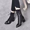 Pointed Leather Boots Women's Medium Boots 2025 Autumn and Winter New Black Embossed Cowhide Thick Heel Lace-up Fashion Boots High Heels Boots