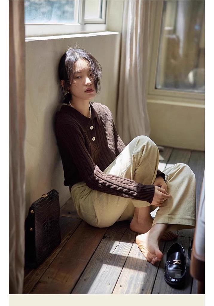 Women's French Retro Wool Cable Knit Polo Cardigan - Autumn/Winter Cashmere Lapel Sweater
