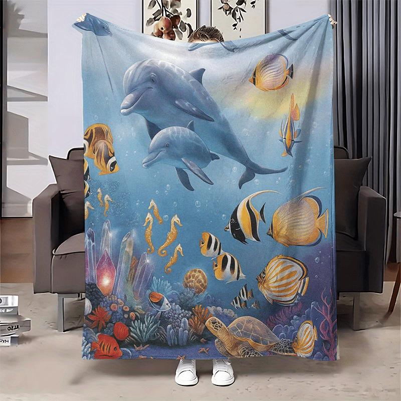 Underwater World Marine Animal Fleece Blanket Dolphin Fish Coral Reef Pattern Cozy Cover Camping Office Living Room Daily Use