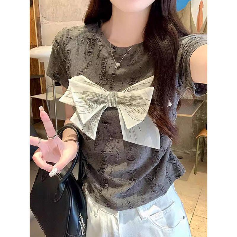 

2025 Women s Grey Bowknot Short Sleeve Shoulder T-Shirt XL