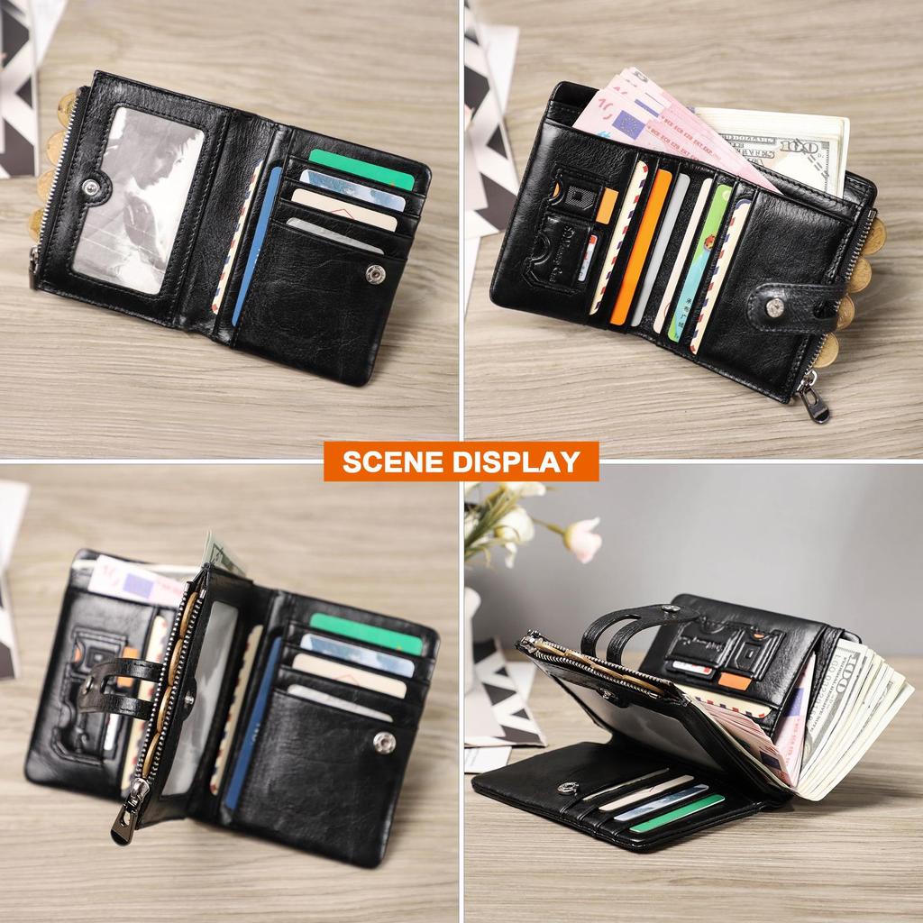 Portafoglio Uomo In Vera Pelle CONTACTS, Bifold Con Cerniera E Bottone, 7 Scomparti Carte, Portamonete, Colore Caffè