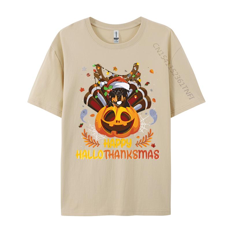 Rottweiler Happy Hallo Thanksmas Halloween Tshirt Vintage Cheerful Cotton Tshirts Blue And White Graphic T Shirts