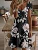 Vneck Shortsleeve Midi Dress Floral Print Pattern 3D Premium Printing Durable Casual Fashion Summer Women Elegant Blooming Flower Design Lightweight B