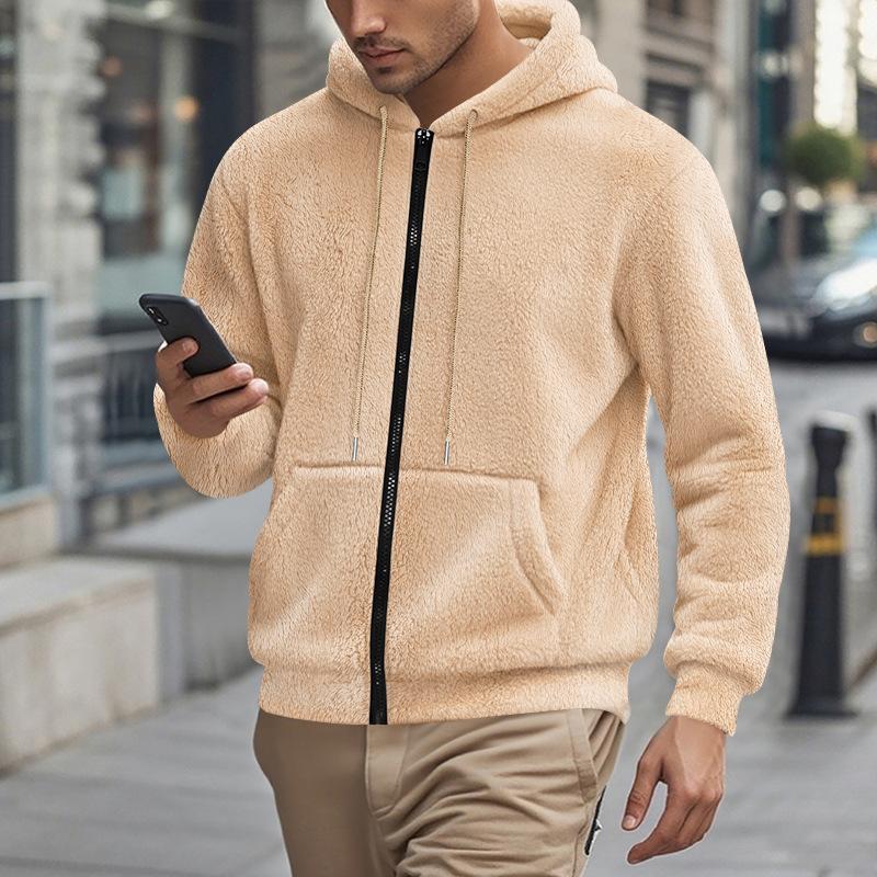 Men Casual Warm Fleece Hooded Zipper Cardigan Sweater Outerwear
