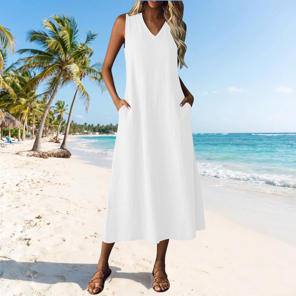 Women Sleeveless Casual V Neck Midi Dress with Zipper and Pockets Relaxed Fit Solid Color Tank Dress