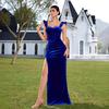 Royal Blue Velvet Tube Top Fishtail Dress, Waist Pleated Split Fork Long Banquet Dress Host Evening Dress