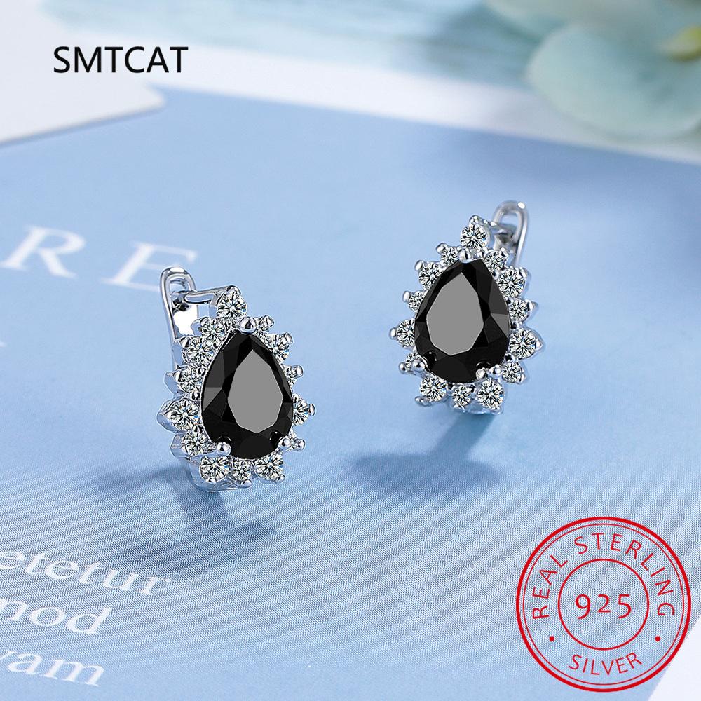 Pear Genuine Natural Blue Topaz 925 Sterling Silver Water Drop Hoop Earrings for Women Fashion Statement Gemstone Jewelry чёрный