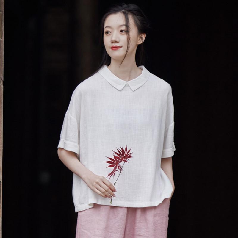 Johnature Pulôver feminino camisetas de linho cor sólida turn-down cor manga curta verão solto casual camisetas femininas