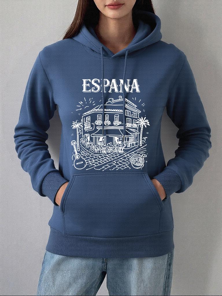 Spanien Lokale Straßenszene Drucke Kapuzenpullover Damen Lässig Locker Sweatshirt Winter Fleece Warm Pullover Basics Tasche Damenkleidung