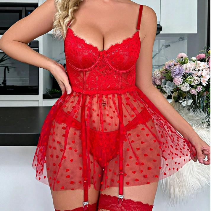 European American Sexy Lingerie: Mesh See-Through Lace Suspender Nightgown Set
