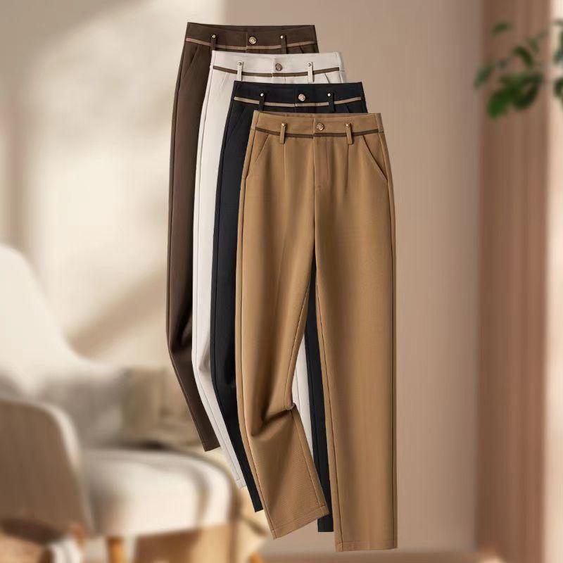 Luxurious Apricot Woolen Trousers for Women: Elegant High Waist, Skinny Cigarette-style Cut, Perfect for Autumn and Spring Seasons