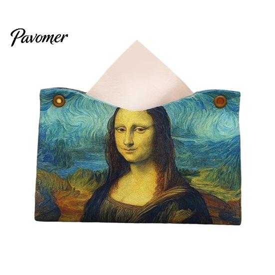 Decorative Paper Dispenser Leather Tissue Box Cover, Foldable Desktop Organizer, Oil Painting Style Napkin Holder Case, Space Saving Organizer Facial