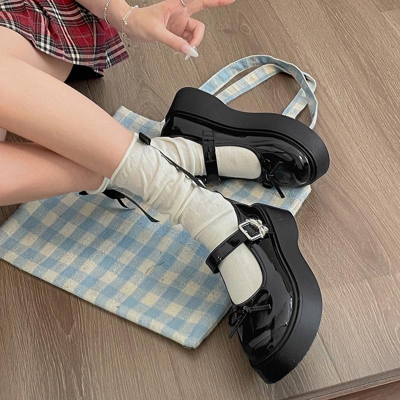 Black French round head shallow mouth platform single shoes women's summer 2025 new models with skirts to increase the height of soft soles Mary Jan