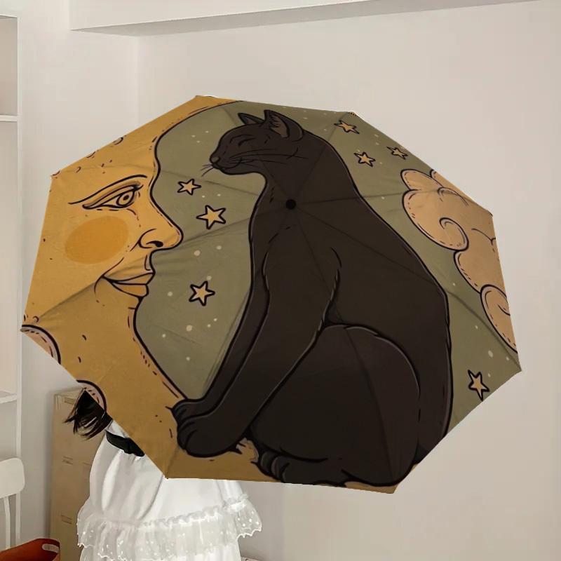 1pc Moonlit Cat Dreamscape Umbrella with Plastic Handle,Suitable for All Seasons Home Travel Outdoor UmbrellaDD873