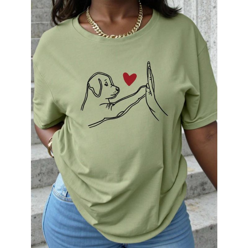 Women's Casual Round Neck Short Sleeve T-Shirt With Dog And Heart Print Pattern