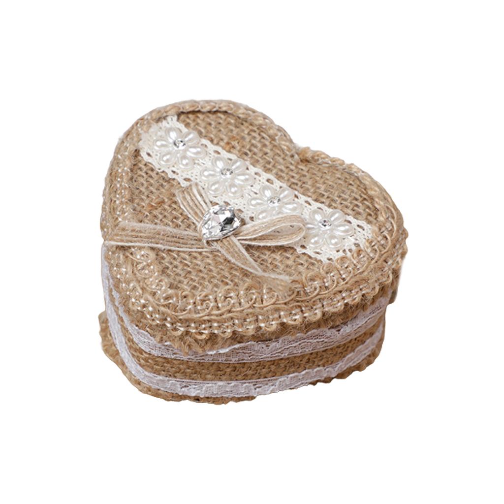 Heart-shape Linen Ring Box Jewelry Case Valentine's Day Vintage Country Wed Pastoral Ceremony Natural Ring Setting Storage Box