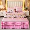 Pink Flowers Lace Bed Skirt Set Summer Ice Silk Smooth Comfortable Bedspread with Pillowcases Luxury Queen King Size Bedding Set