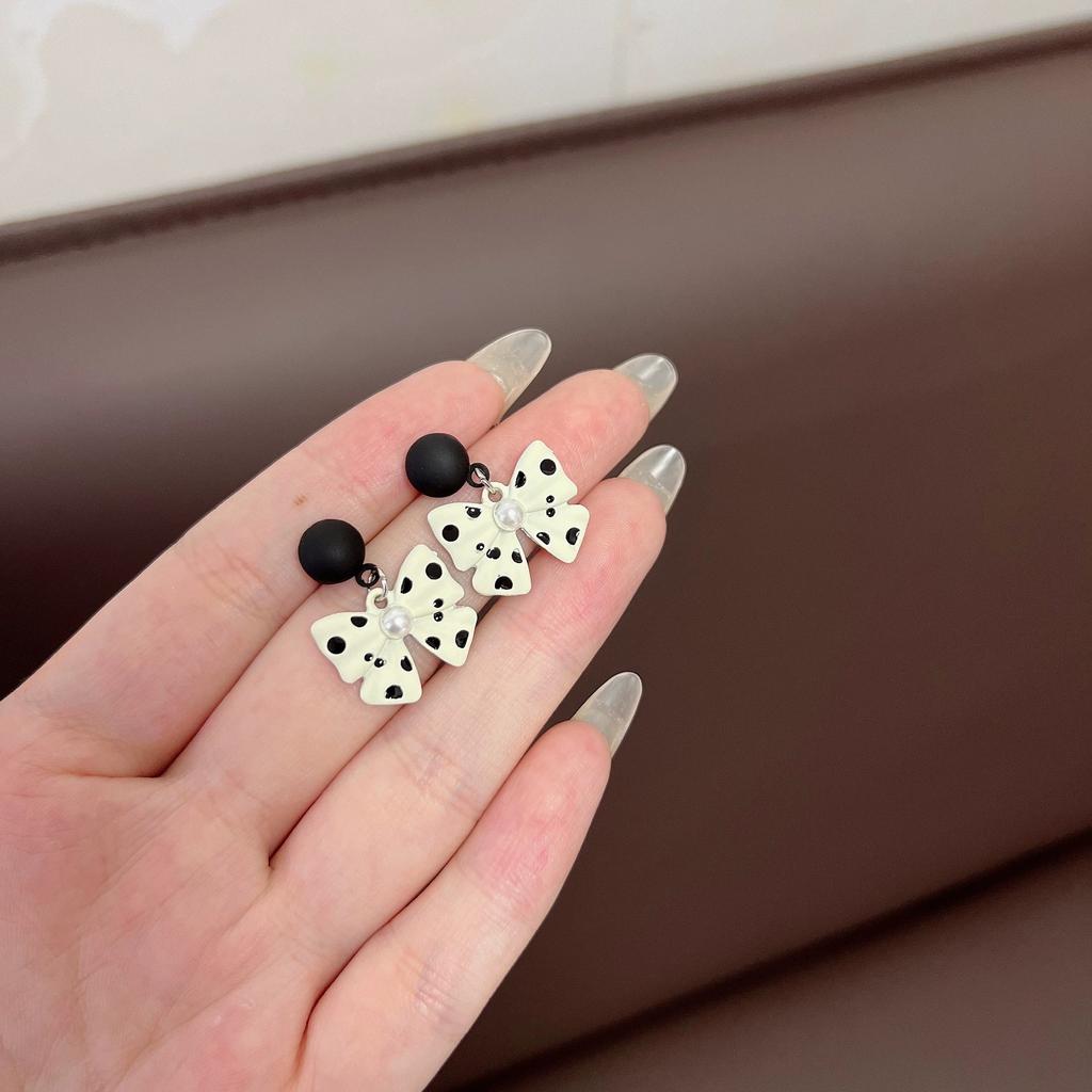 Cute Pearl Bowknot Colorful Polka Dots Bowknot Drop Pendant Earrings for Women Girls Party Dating Wedding Jewelry Accessories
