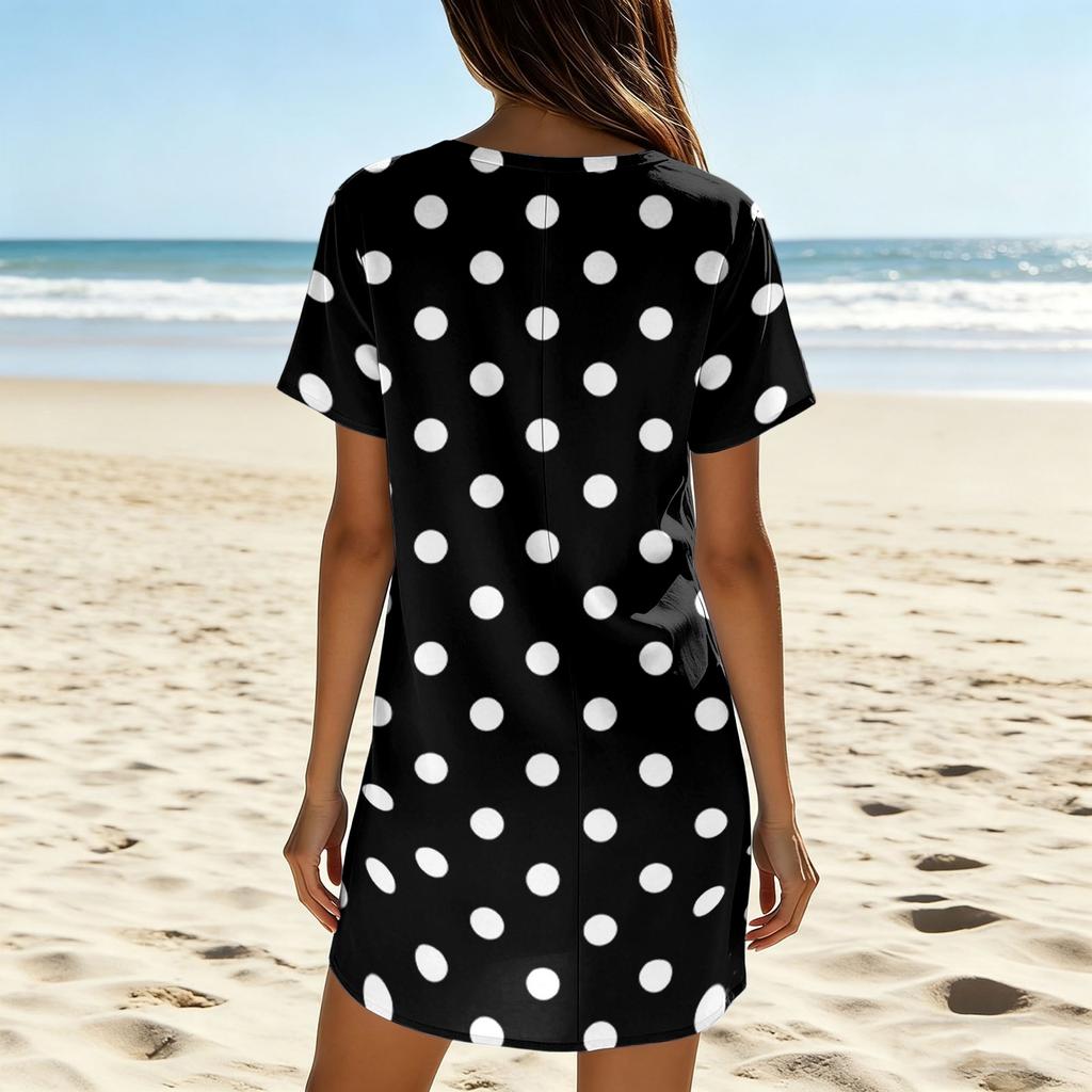 Women's Summer Casual V Neck Short Sleeve Striped Dress Loose Fit Lightweight Soft Fabric Knee Length