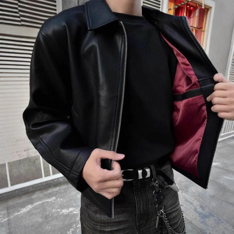 Mens Black PU Leather Jacket Short Fit Fall American Style Streetwear