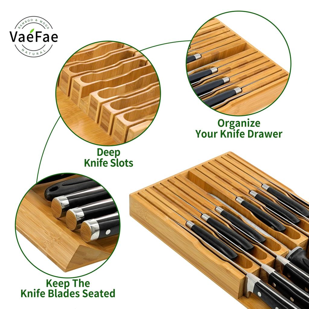 VaeFae Bamboo Knife Drawer Knife Drawer Organizer Kitchen Drawer Knife Block for 12 Plus Slot for Knife Sharpener Organizer, Insert, Knives, (No