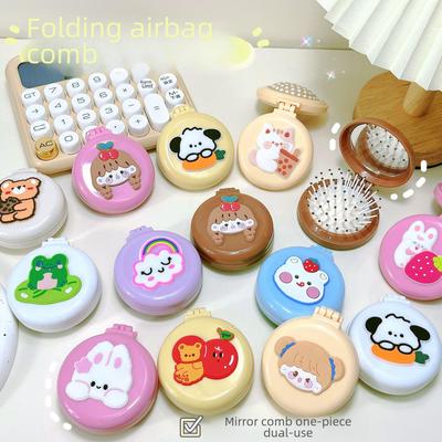 Cute Cartoon Foldable Airbag Comb with Mirror - Portable for Children, Cream Wind Design