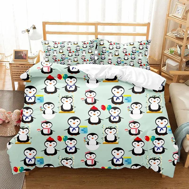 Cartoon Penguin Duvet Cover Set For Boys Girl Animated Antarctic Animal Polyester Quilt Cover White Black King Queen Size