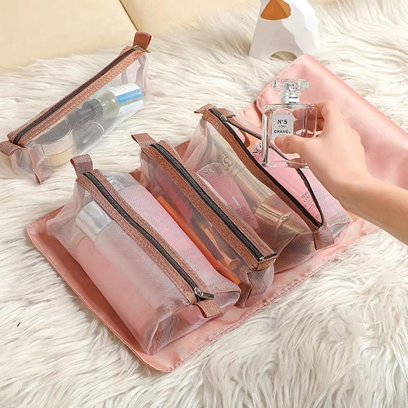 4 In 1 Cosmetic Bag For Women Zipper Mesh Separable Cosmetics Pouch Ladies Foldable Nylon Bag Rope Makeup Bag Kosmetyczka