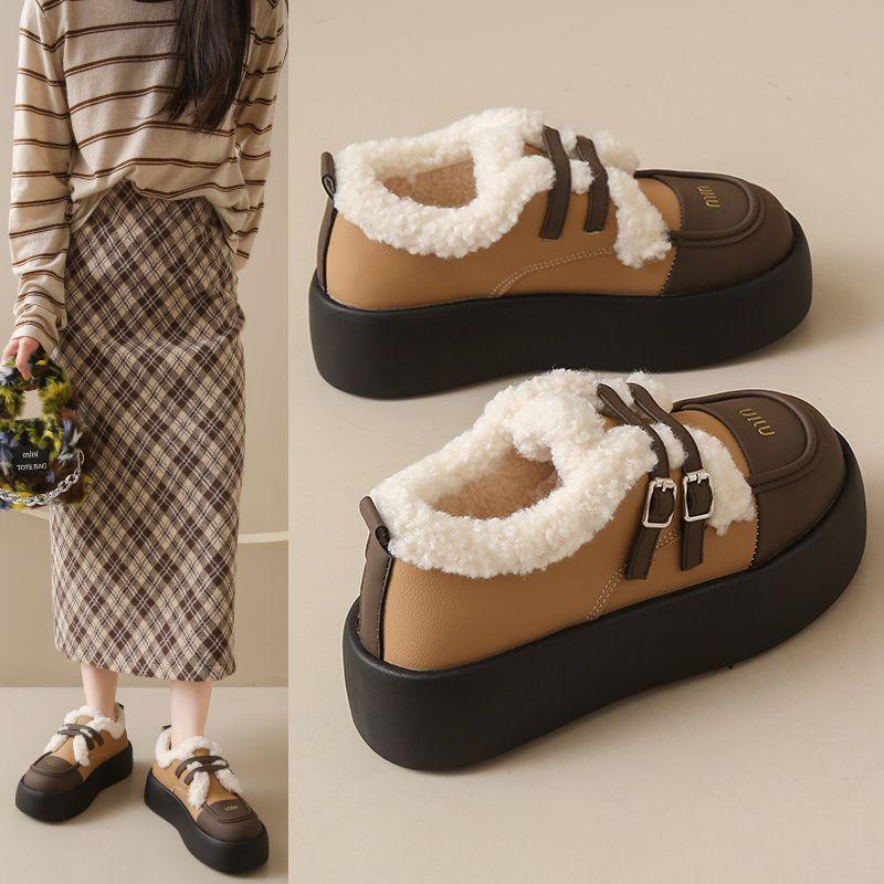 Dámské mokasíny na silné podrážce, kožené Mary Janes s velurovou podšívkou, podzimní/zimní teplé bavlněné boty, britský styl, off-white/černé.