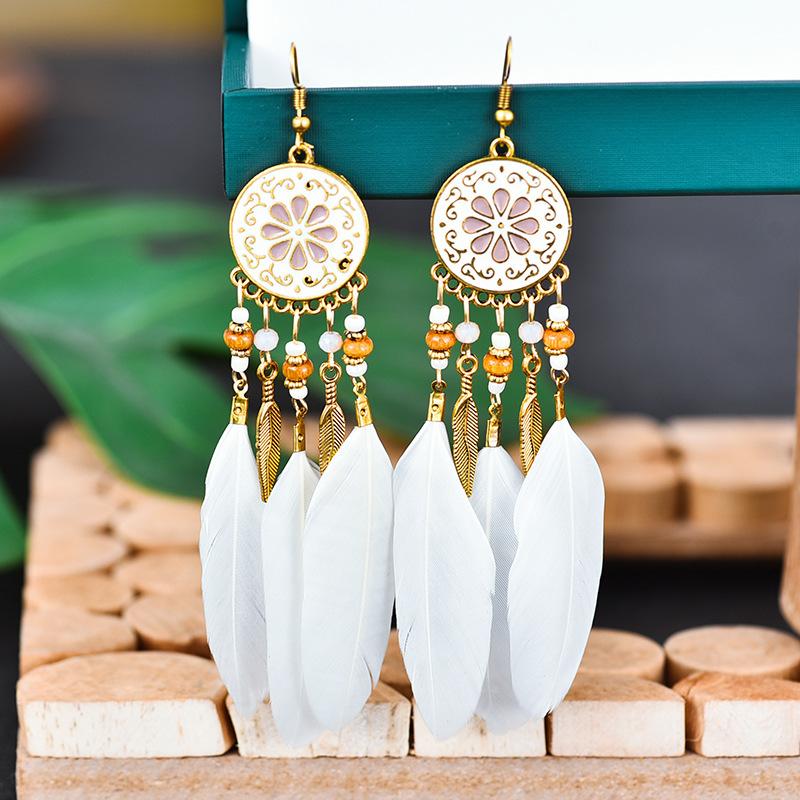 Bohemian Long Sun Flower Feather Earrings for Women Trendy Ethnic Retro Gold Color Chain Tassel Earring Wedding Vacation Jewelry