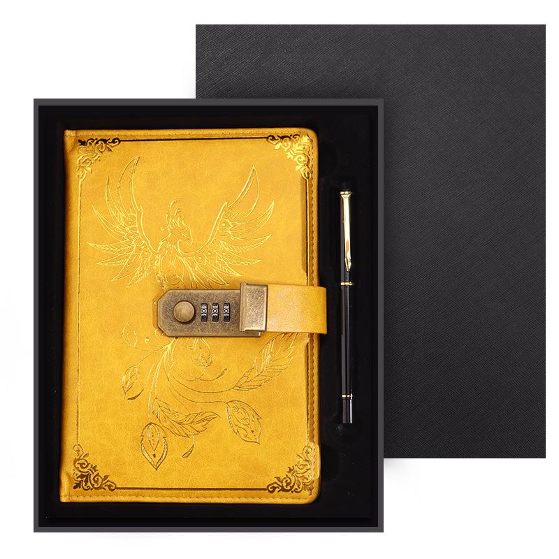 Zestaw notesu A5 w stylu retro z hasłem w pudełku prezentowym: Dziennik spotkań biznesowych z możliwością personalizacji logo.