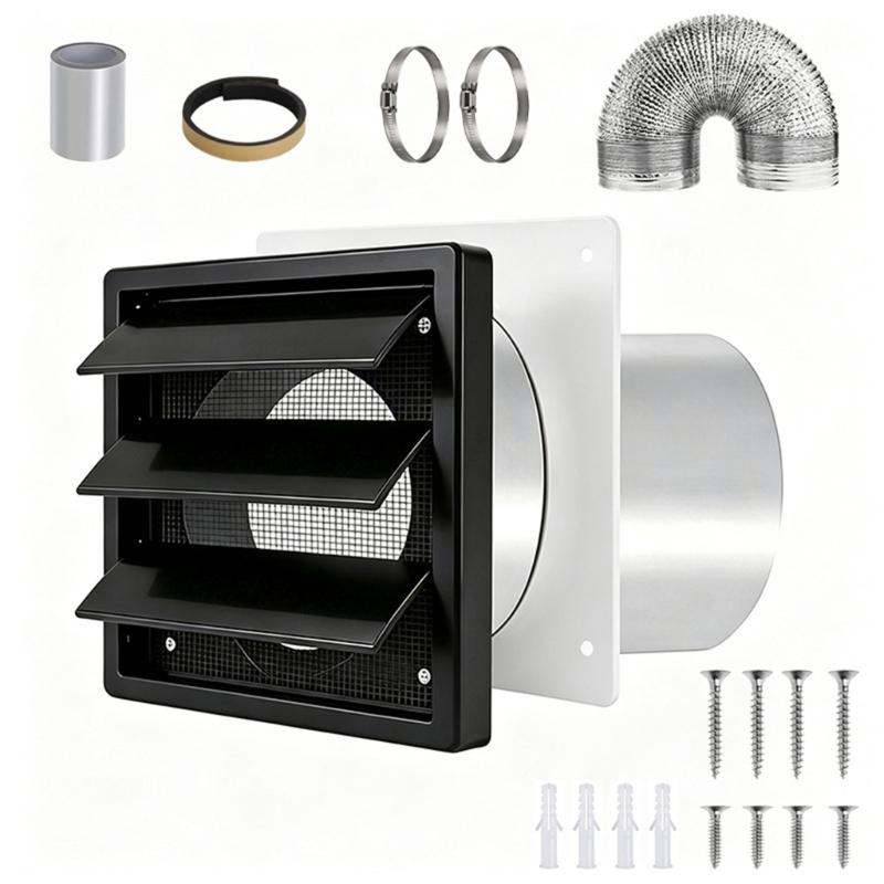 Dryer Exhaust Wall Outlet Package with Exterior Cover, Flexible Duct, Clamps, and Sealing Accessories for Air Routing