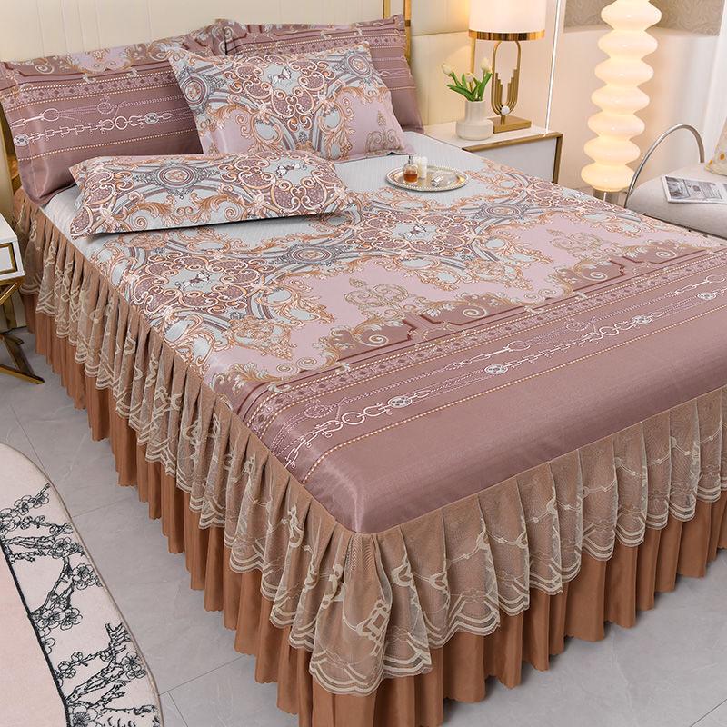 Ice Silk Lace Bed Skirt & Cool Mat Set - Breathable Rattan Design