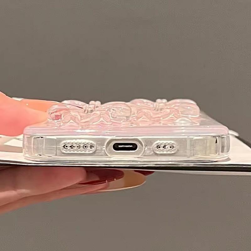 Cute 3D Pink Bowknot Pearl Glitter Phone Case For iPhone 16 15 14 13 12 11 Pro Max Plus Korean Girl Epoxy Clear Soft Back Cover